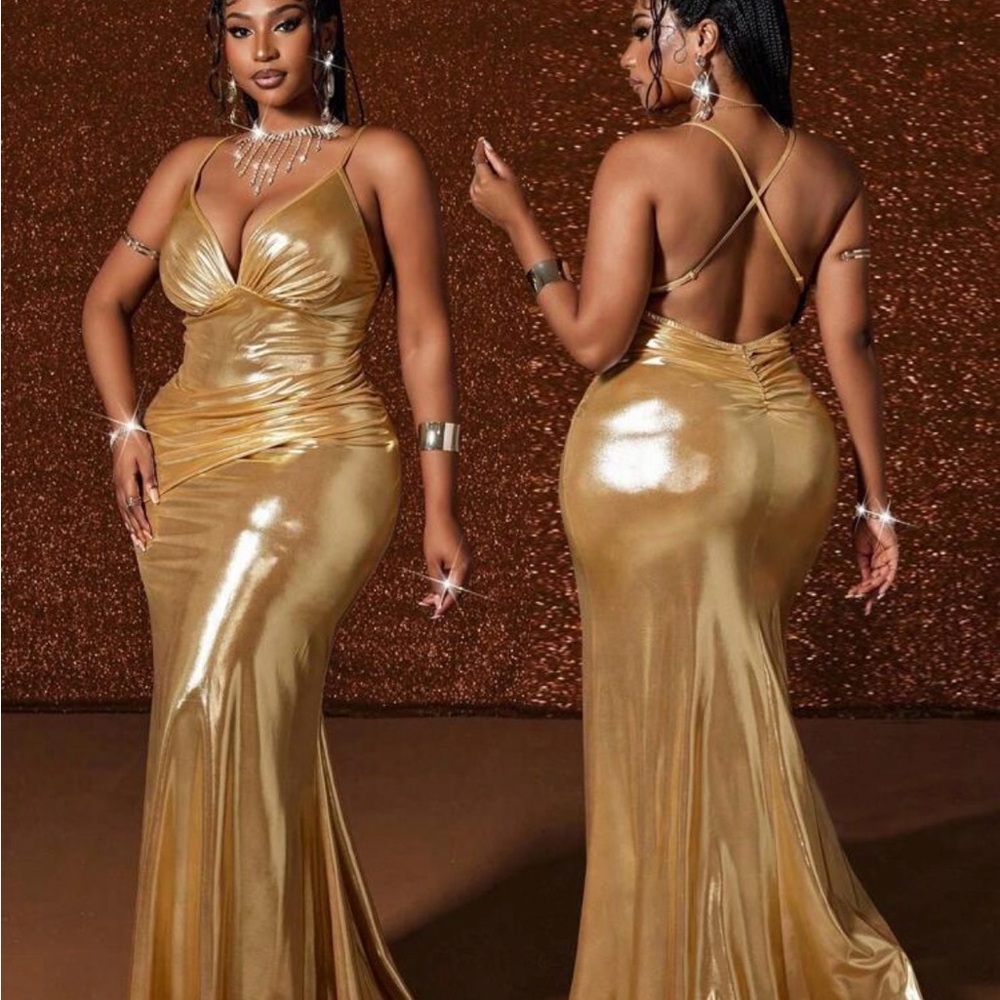 Glamorous Gold Backless Evening Dress